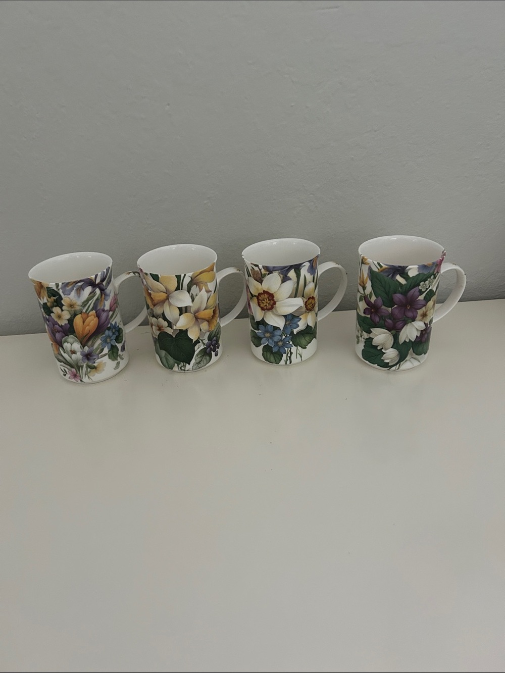 Vintage St.George Fine Bone China Mugs in Purple,Yellow,Green,White - Set of 4